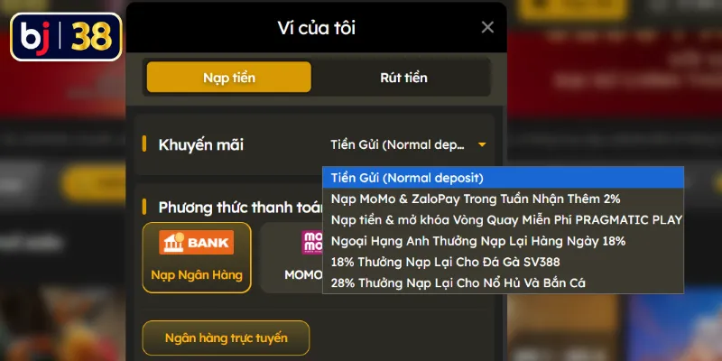 Chọn khuyến mãi nạp tiền BJ38